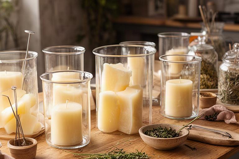 Mesa de trabajo con recipientes de vidrio, cera y velas aromáticas en un taller de Adra